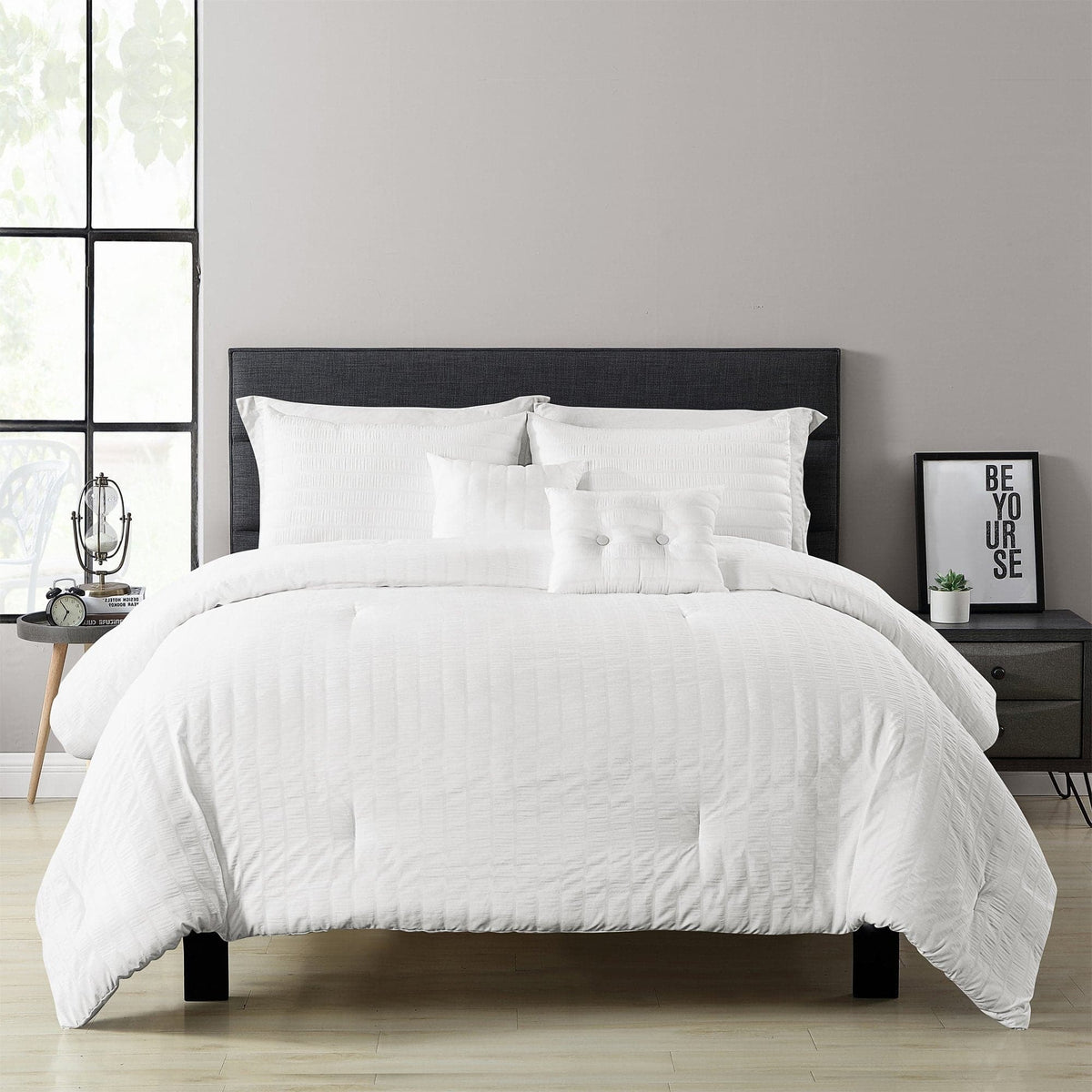Bedding Bundle: Farmhouse Seersucker Comforter Set + Woven Buffalo Check Gift Box Set